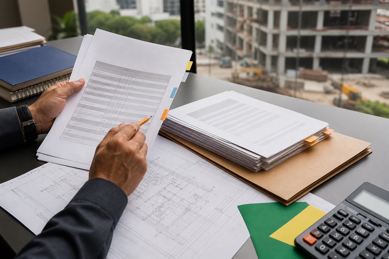 Documentos de contratação pública analisados sobre uma mesa