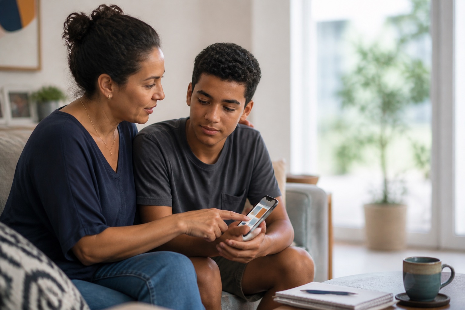 Mãe e adolescente observando juntos o conteúdo de um celular